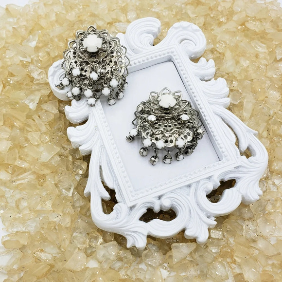 Vintage Silver Earrings | White Stones | Clip-On - Picture 4 of 5